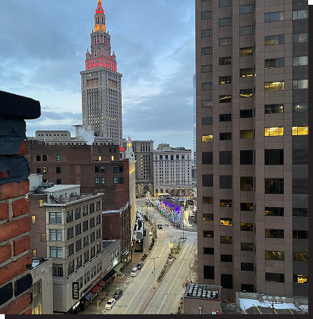 Skyline View of City Towers and Street Below